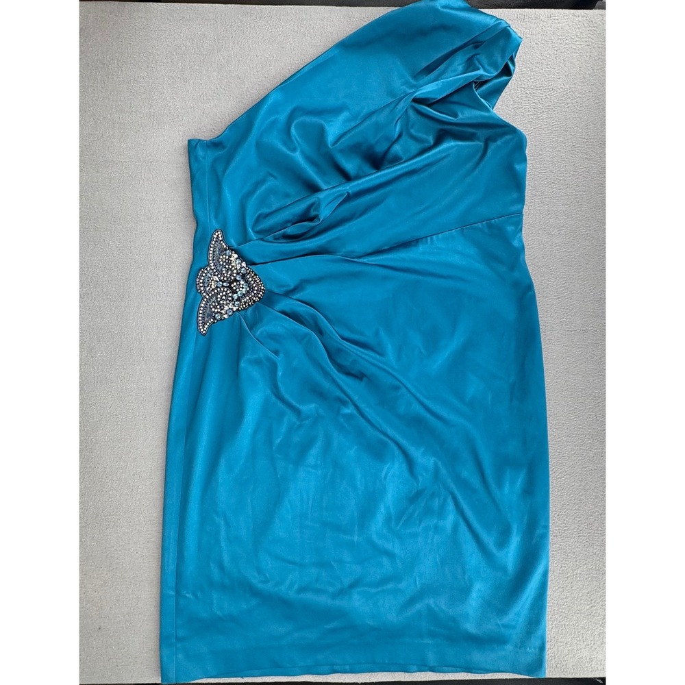 Eliza J One Shoulder Cocktail Dress 16W Teal Satin Ruched Evening Formal Glam